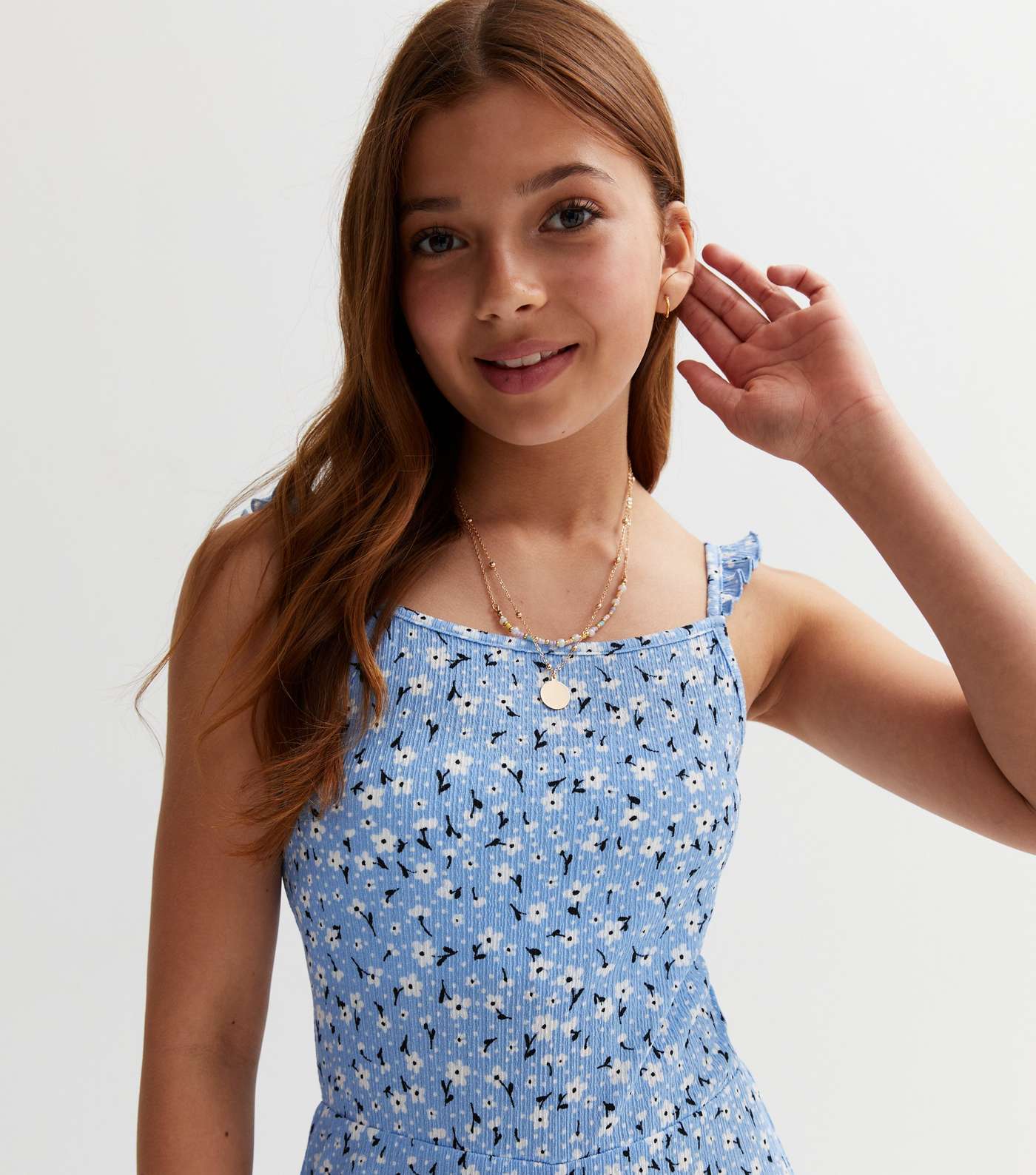 Girls Blue Floral Jersey Frill Strappy Jumpsuit Image 2