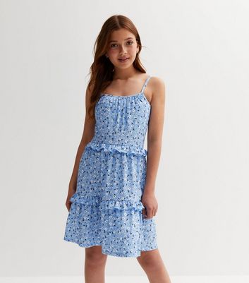 Girls Pale Blue Lace Strappy Dress | New Look