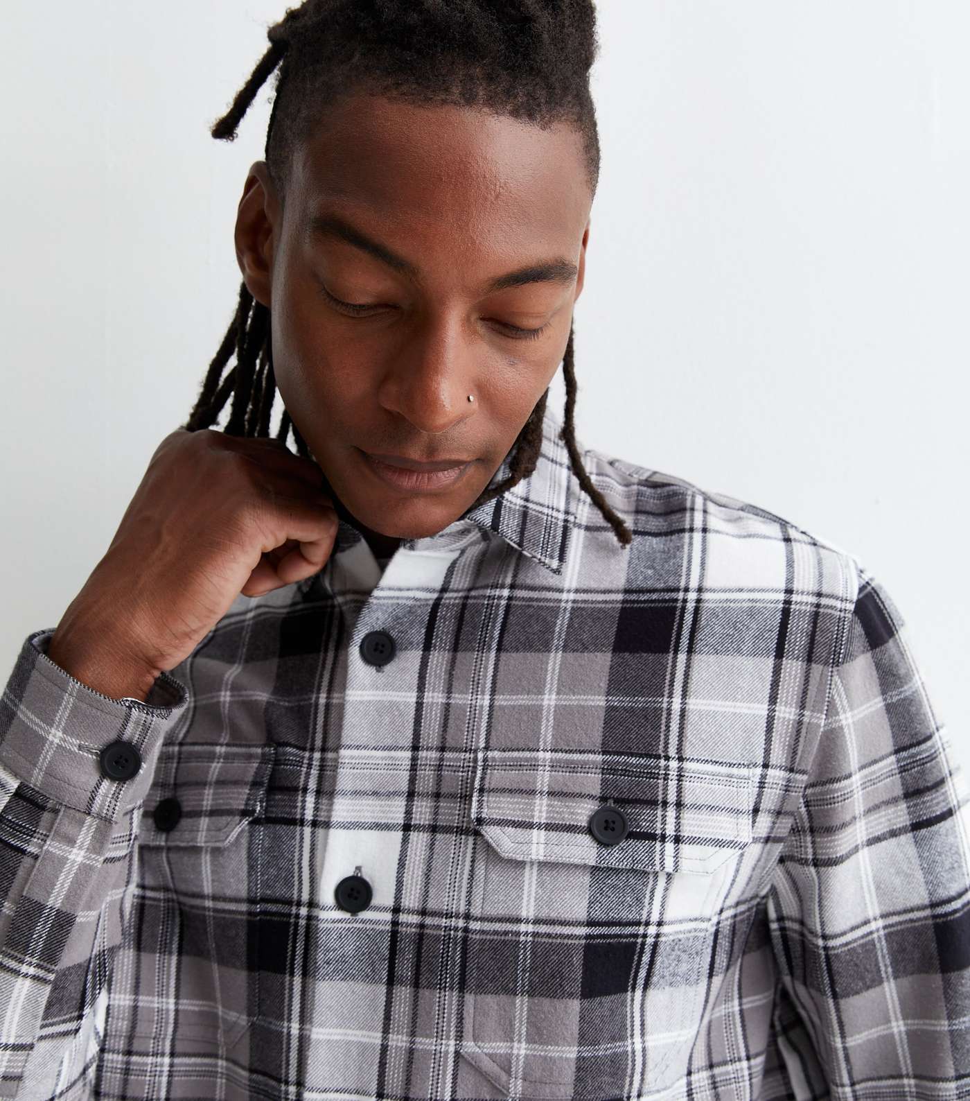 Light Grey Check Cotton Button Front Relaxed Fit Overshirt Image 2