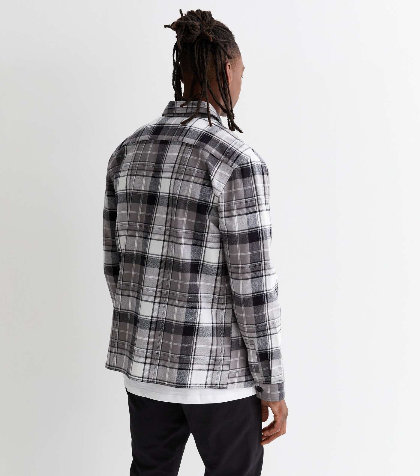Light Grey Check Cotton Button Front Relaxed Fit Overshirt Image 4