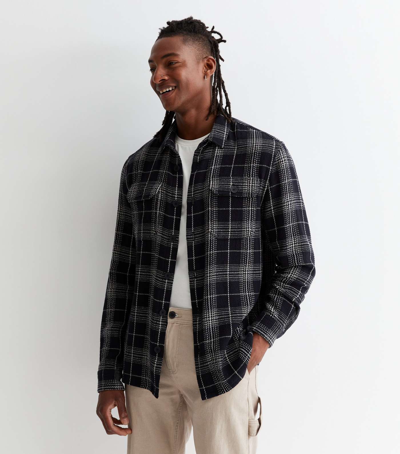 Black Check Cotton Button Front Relaxed Fit Overshirt Image 2