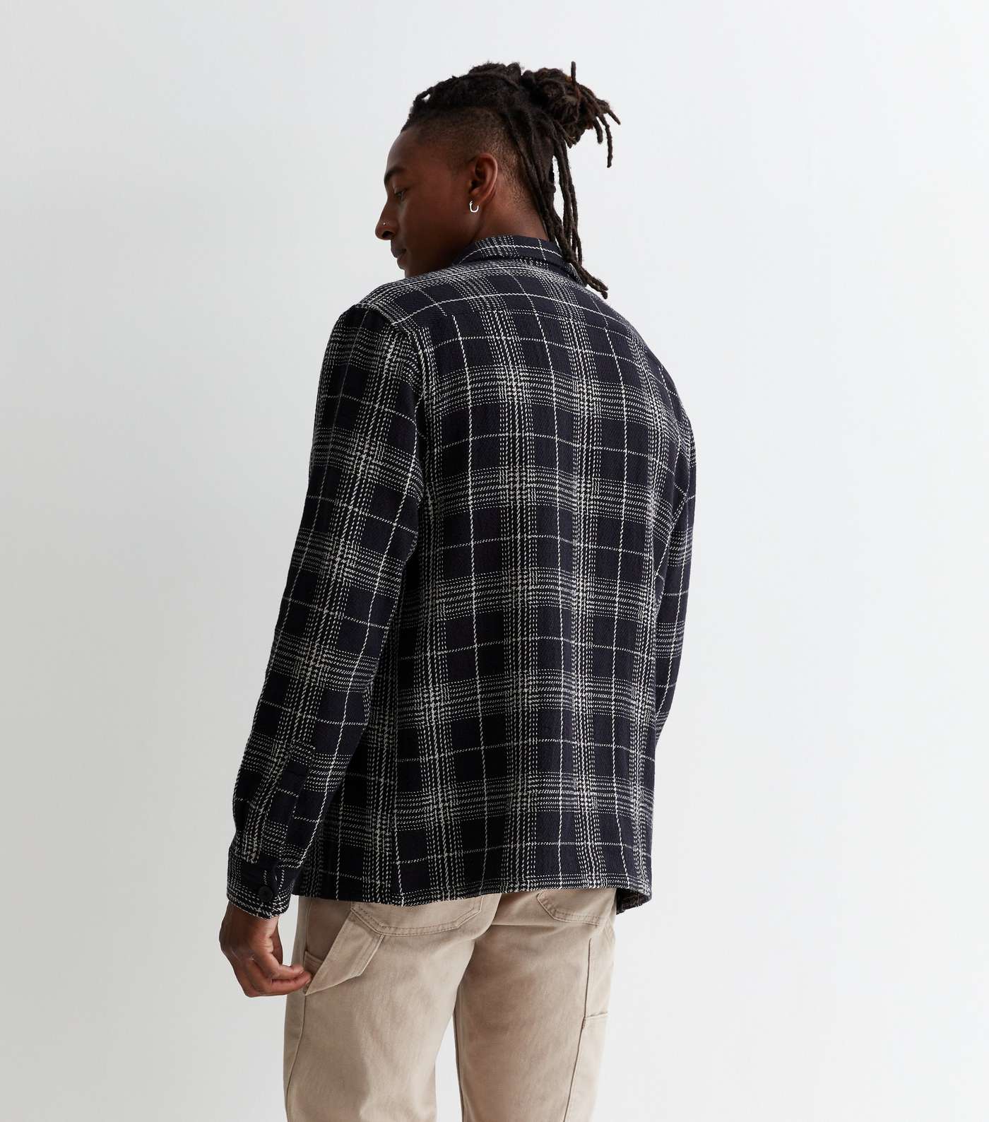 Black Check Cotton Button Front Relaxed Fit Overshirt Image 4