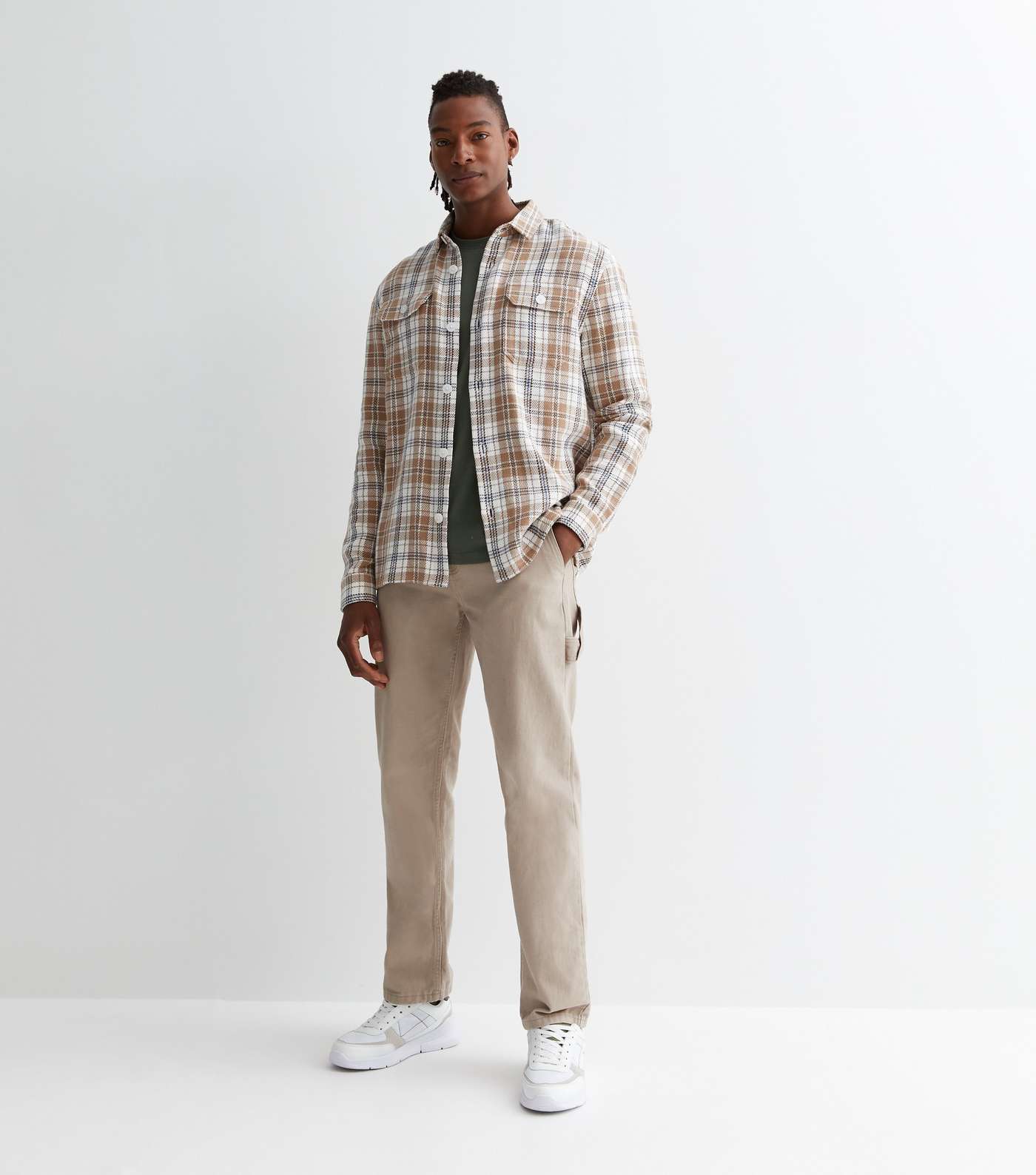 White Check Cotton Button Front Relaxed Fit Overshirt Image 3
