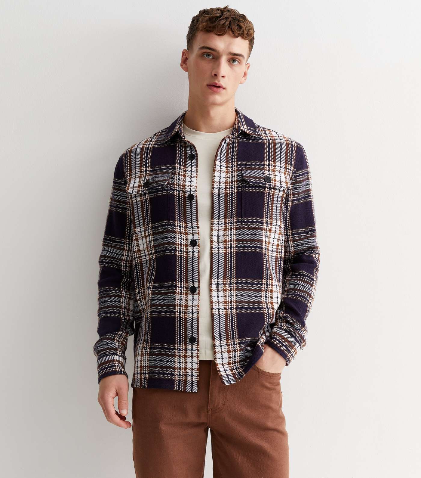 Navy Check Cotton Button Front Relaxed Fit Overshirt Image 2