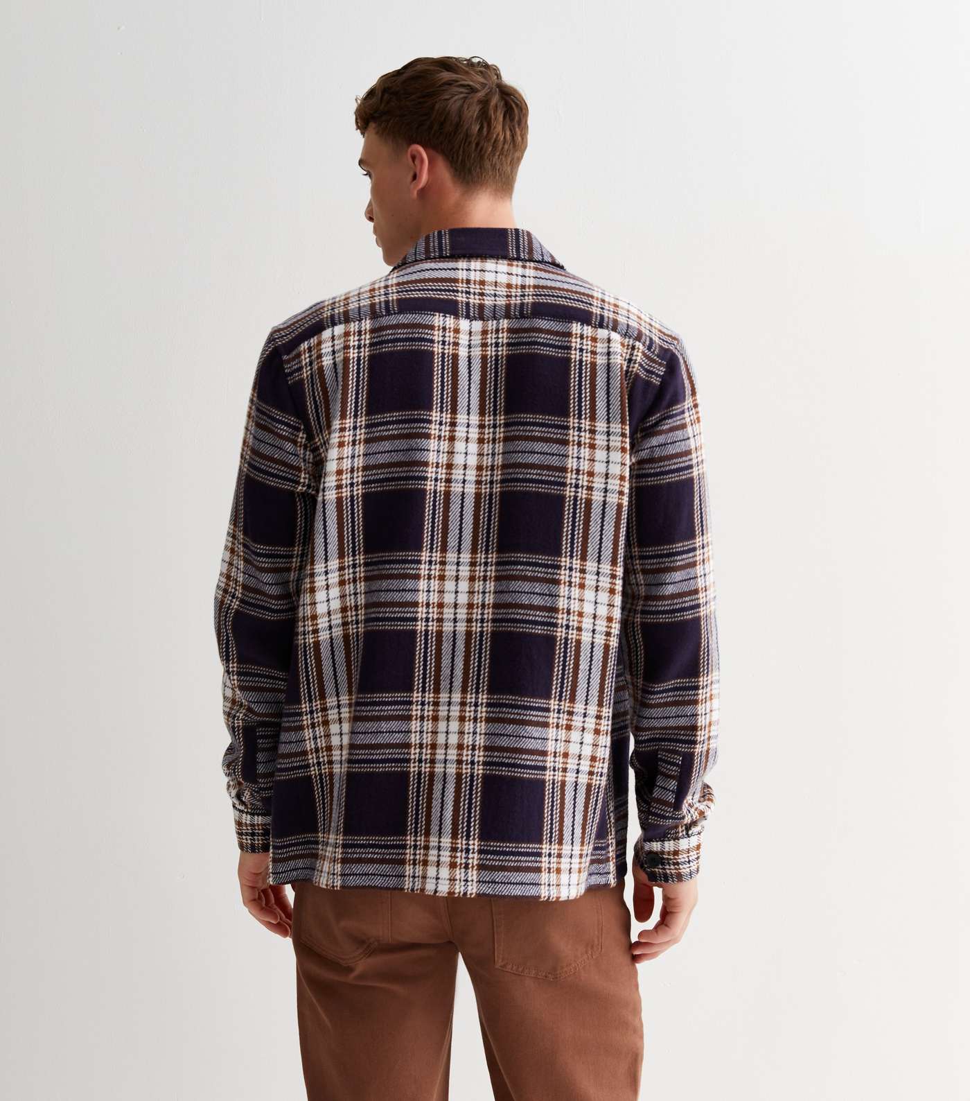 Navy Check Cotton Button Front Relaxed Fit Overshirt Image 4