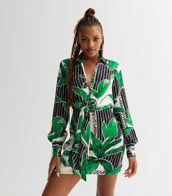 Black Tropical Satin Belted Mini Shirt Dress