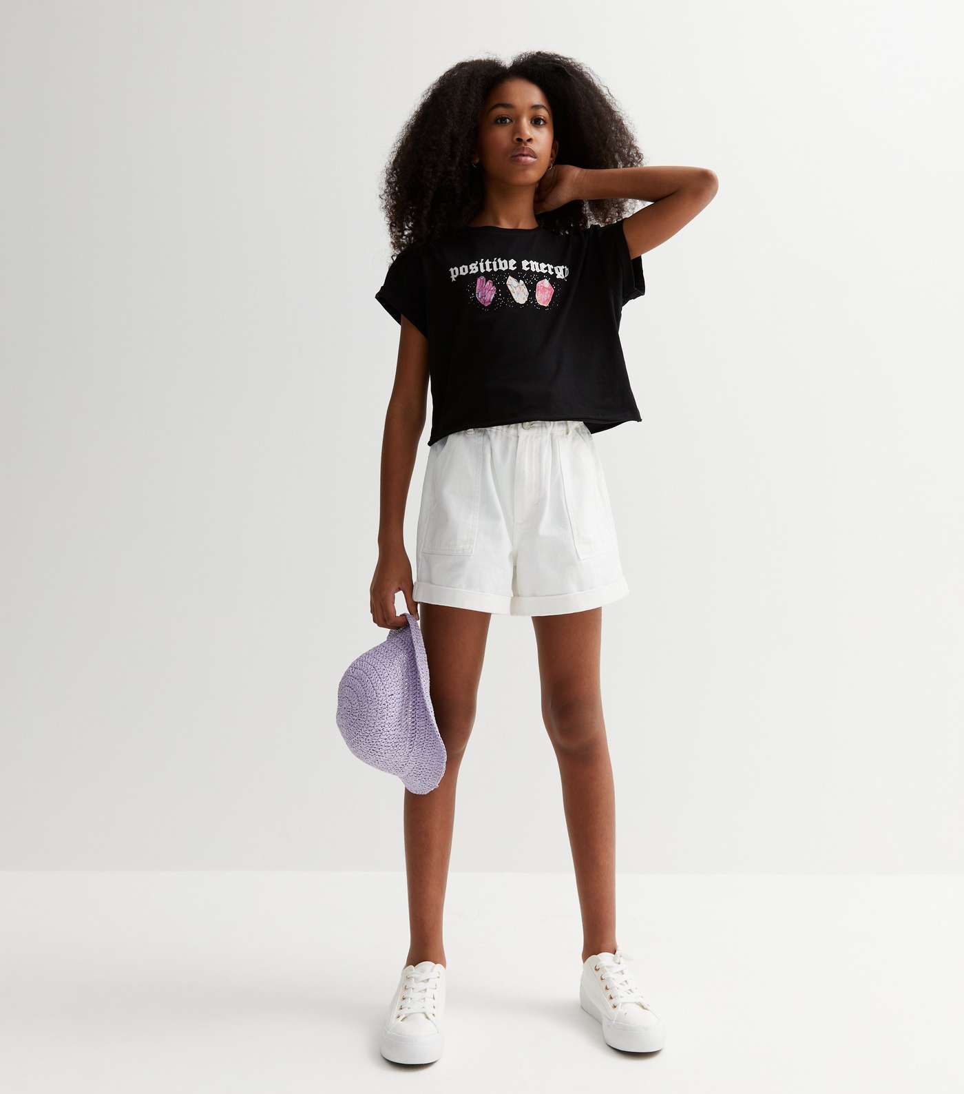 Girls Black Crew Neck Positive Energy Crystal T-Shirt Image 2