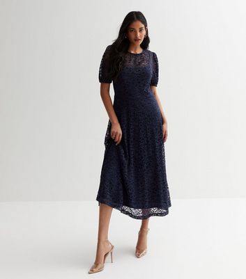 Navy Lace Puff Sleeve Midaxi Dress | New Look