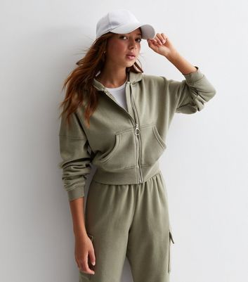 Girls Khaki Crop Hoodie New Look