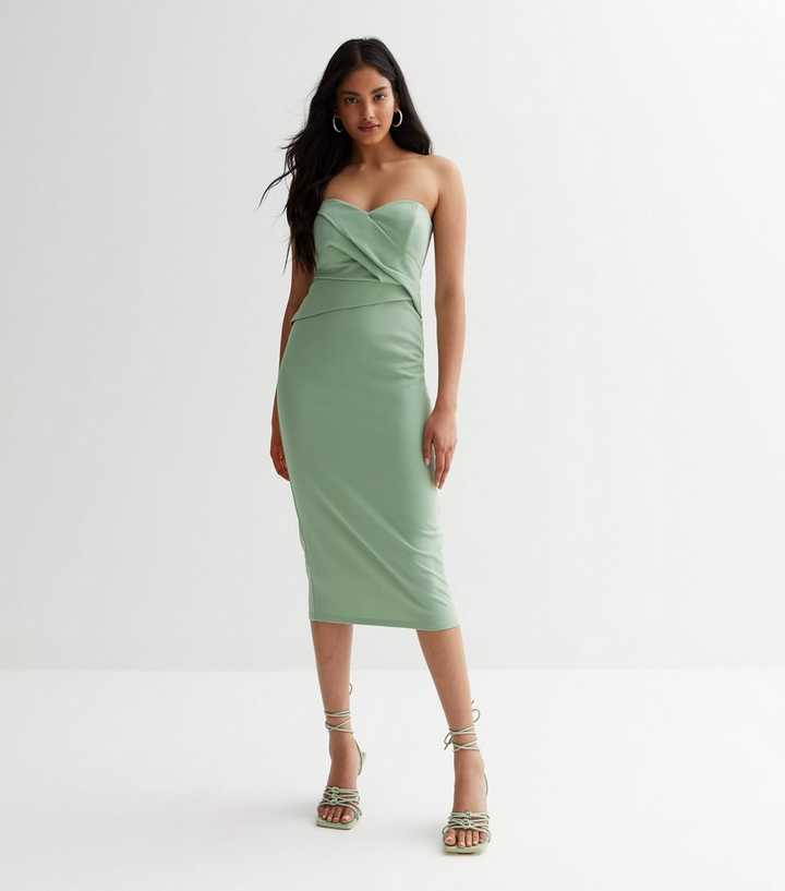 Light Green Bandeau Ruched Bodycon Midi Dress | New Look