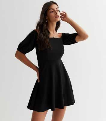 Black Bardot Puff Sleeve Mini Dress