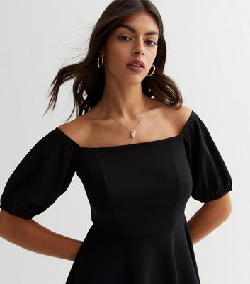 Black Bardot Puff Sleeve Mini Dress New Look