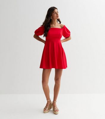 Red Bardot Puff Sleeve Mini Dress New Look