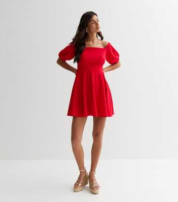 Red Bardot Puff Sleeve Mini Dress