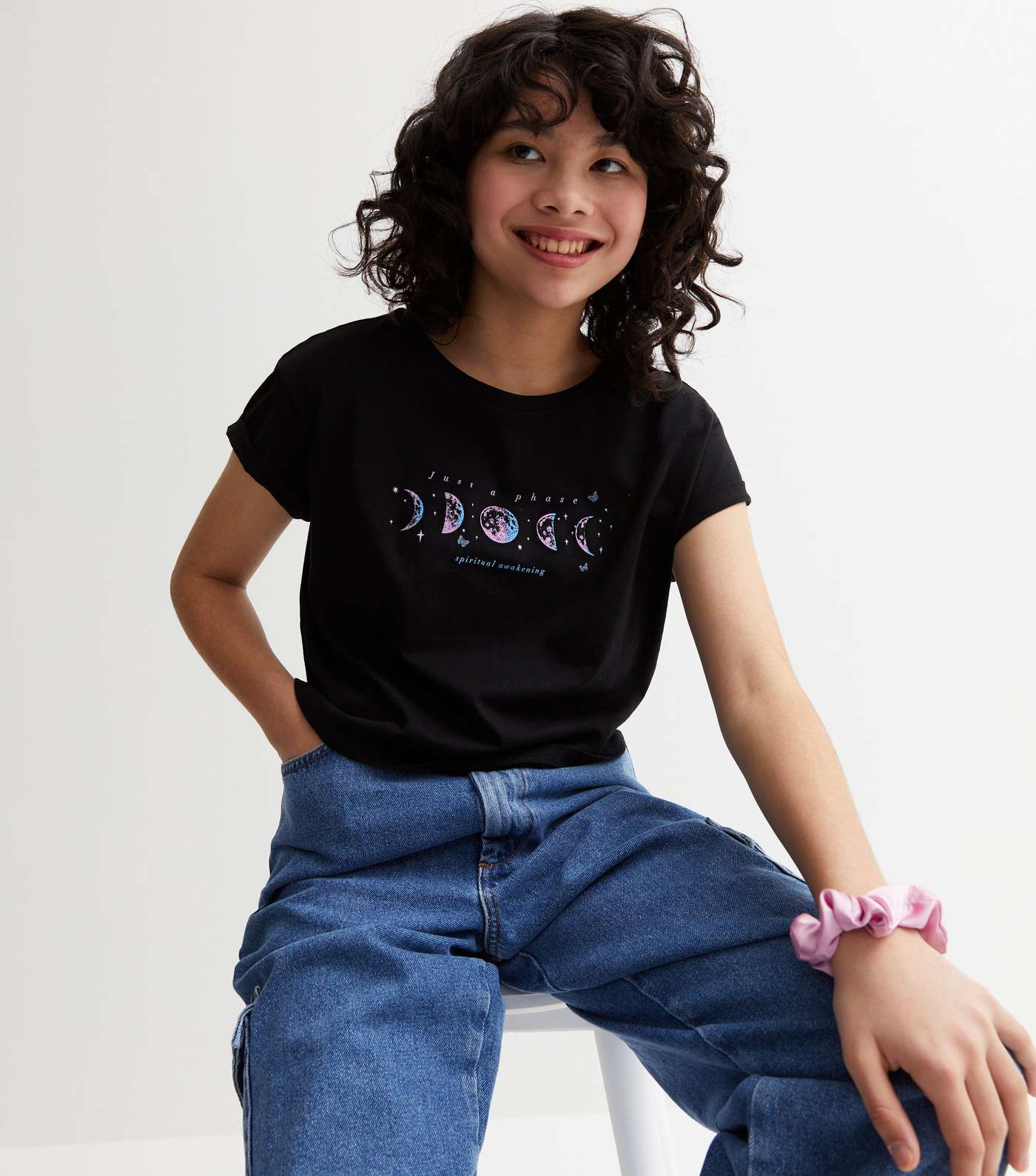Girls Black Moon Phase Crew Neck T-Shirt Image 2