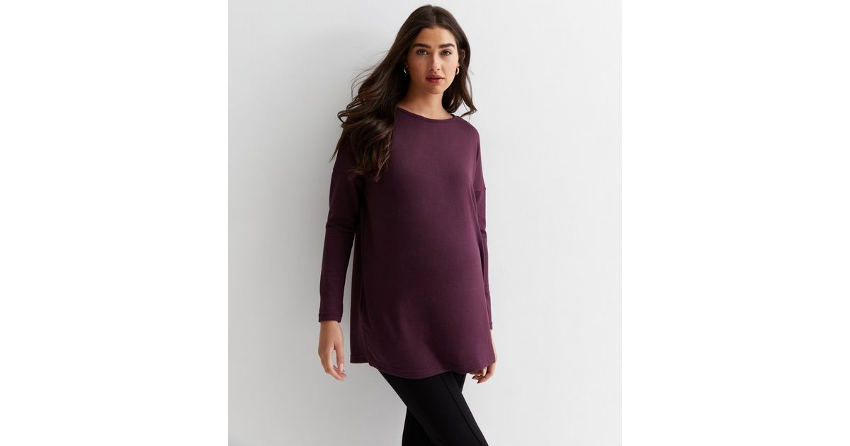 Burgundy Solid Ribbed Long Sleeve Maternity Tunic Top