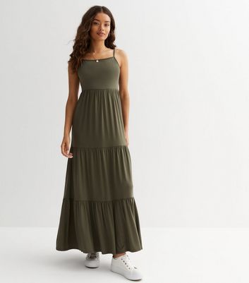 Petite Khaki Jersey Tiered Maxi Dress