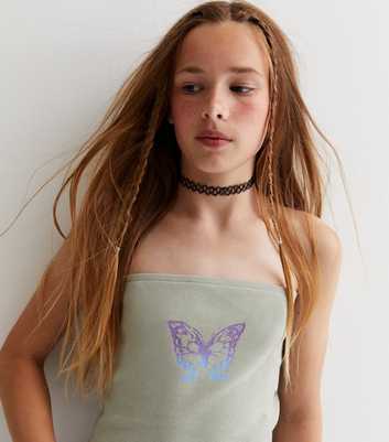 Girls Olive Ribbed Butterfly Logo Bandeau Top