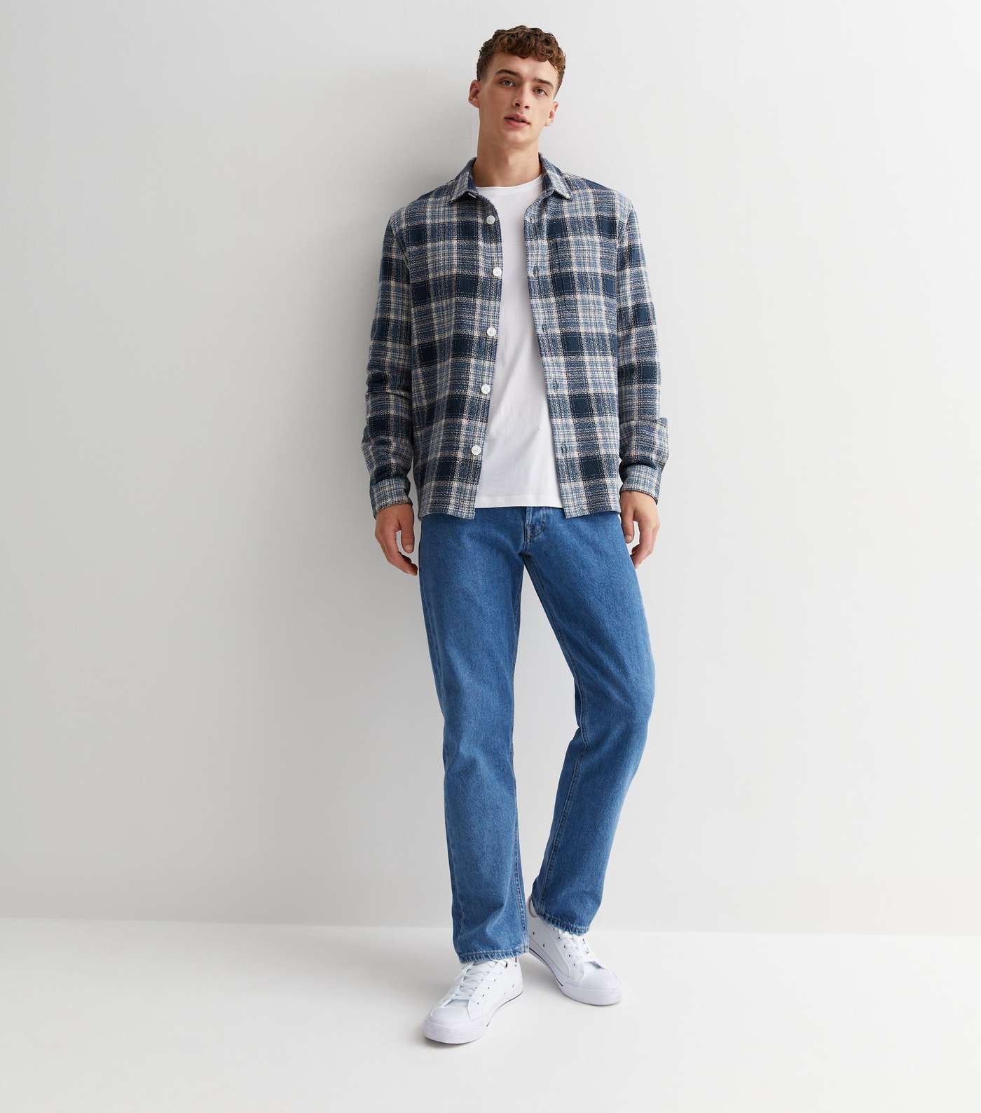 Navy Check Cotton Relaxed Fit Overshirt Image 3