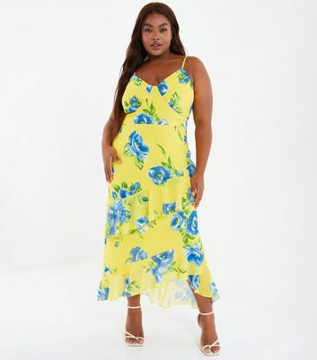 QUIZ Curves Yellow Floral Frill Strappy Midaxi Dress New Look