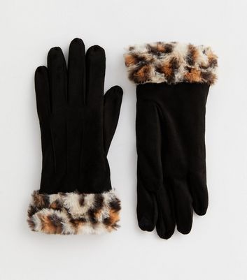 Black Animal Print Suedette Faux Fur Cuff Gloves New Look