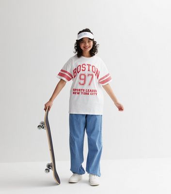 Girls White Boston Sports League Long Logo T-Shirt New Look