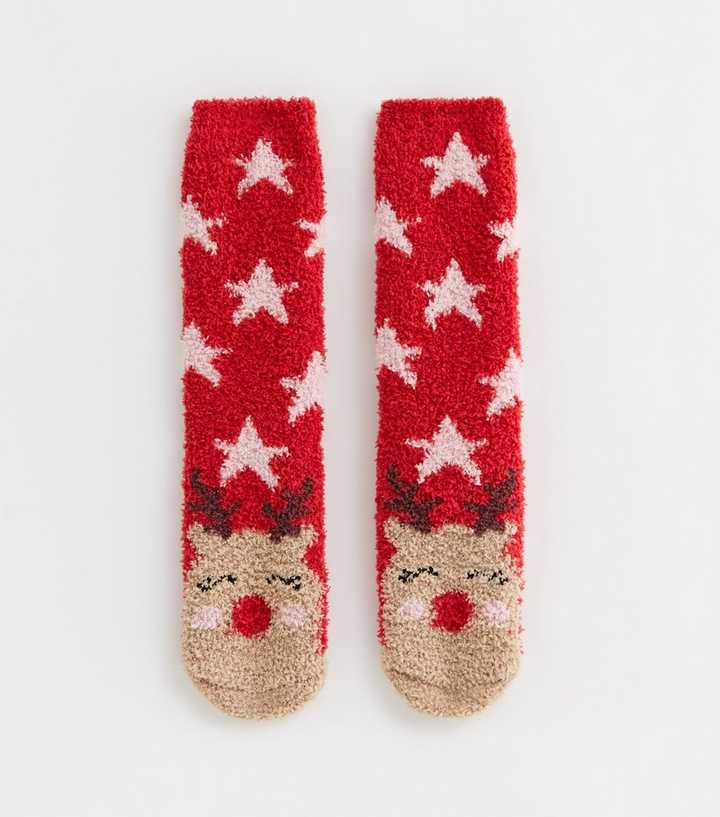 Red Reindeer Fluffy Christmas Socks