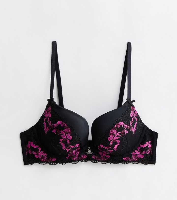 High Quality Black Lace And Pink Bow Push Up Bra For Women Plus
