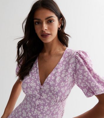 Lilac Floral Puff Sleeve Midaxi Dress New Look