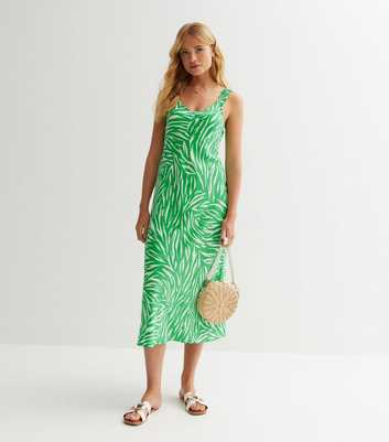 Green Zebra Print Ruched Strappy Midi Dress