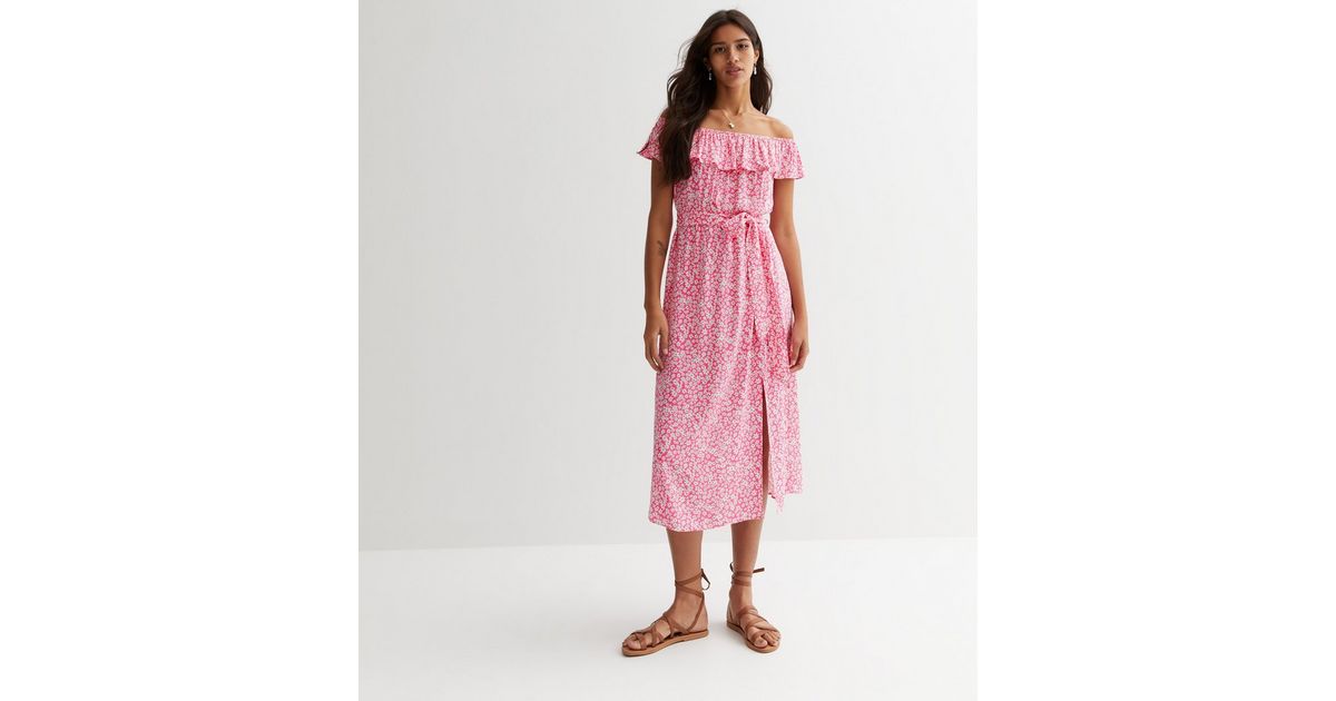 Pink Floral Bardot Frill Midi Dress | New Look