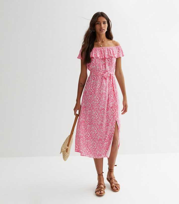 Pink Floral Bardot Frill Midi Dress | New Look
