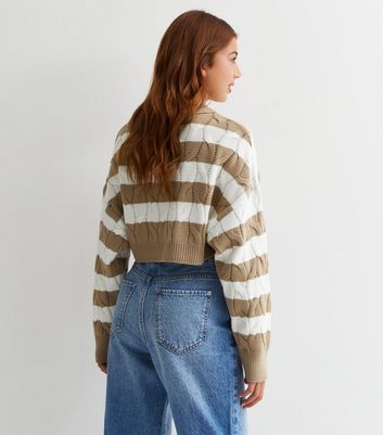Girls Brown Stripe Cable Knit Crop Jumper New Look