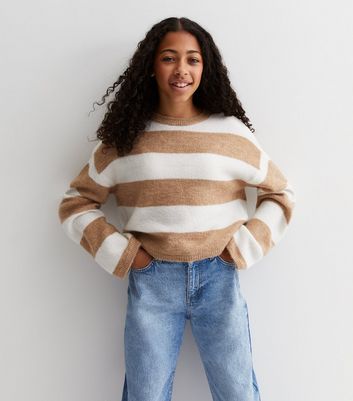 Girls Brown Stripe Soft Knit Crew Neck Jumper New Look