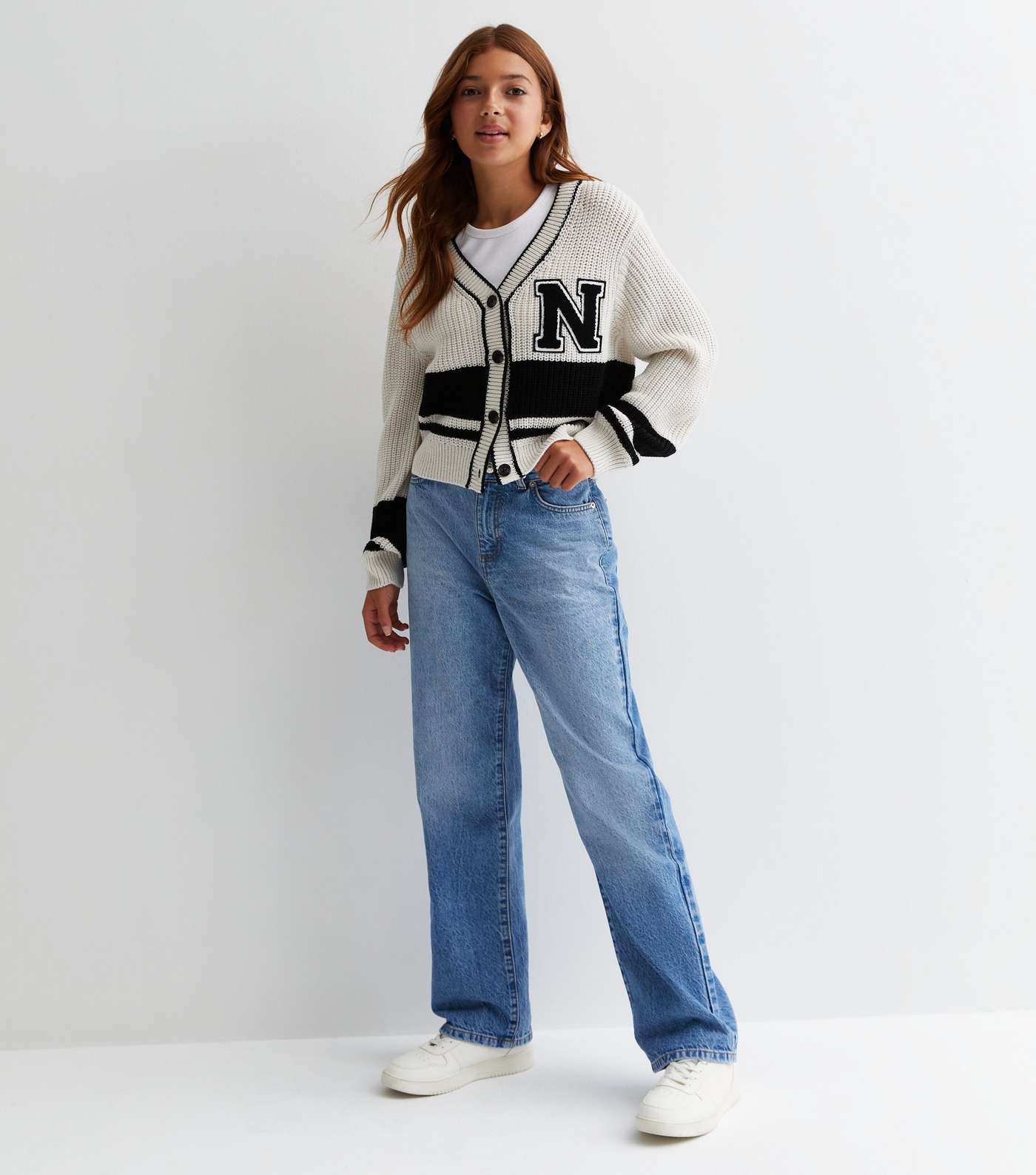 Girls Off White Chunky Knit Collegiate Cardigan Image 3