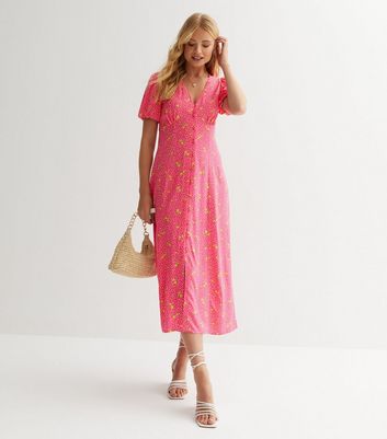 Pink Lemon Spot Puff Sleeve Midi Dress