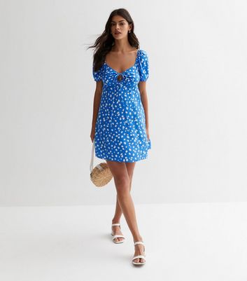 Blue Floral Cut Out Puff Sleeve Mini Dress New Look