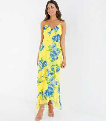 QUIZ Petite Yellow Floral Frill Strappy Midaxi Dress