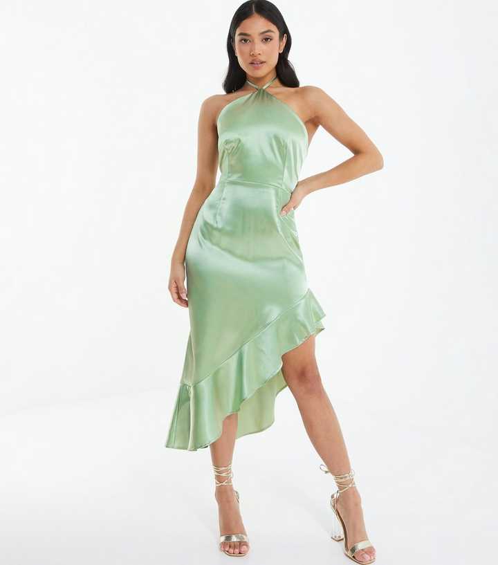 QUIZ Light Green Satin Halter Asymmetric Midi Dress | New Look