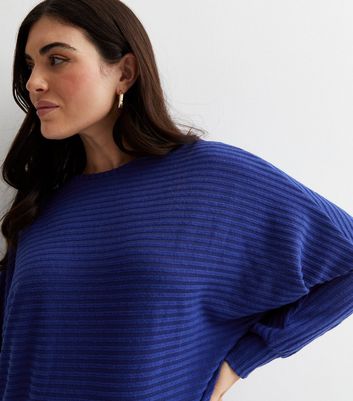 Curves Bright Blue Ribbed Knit Batwing Top | New Look