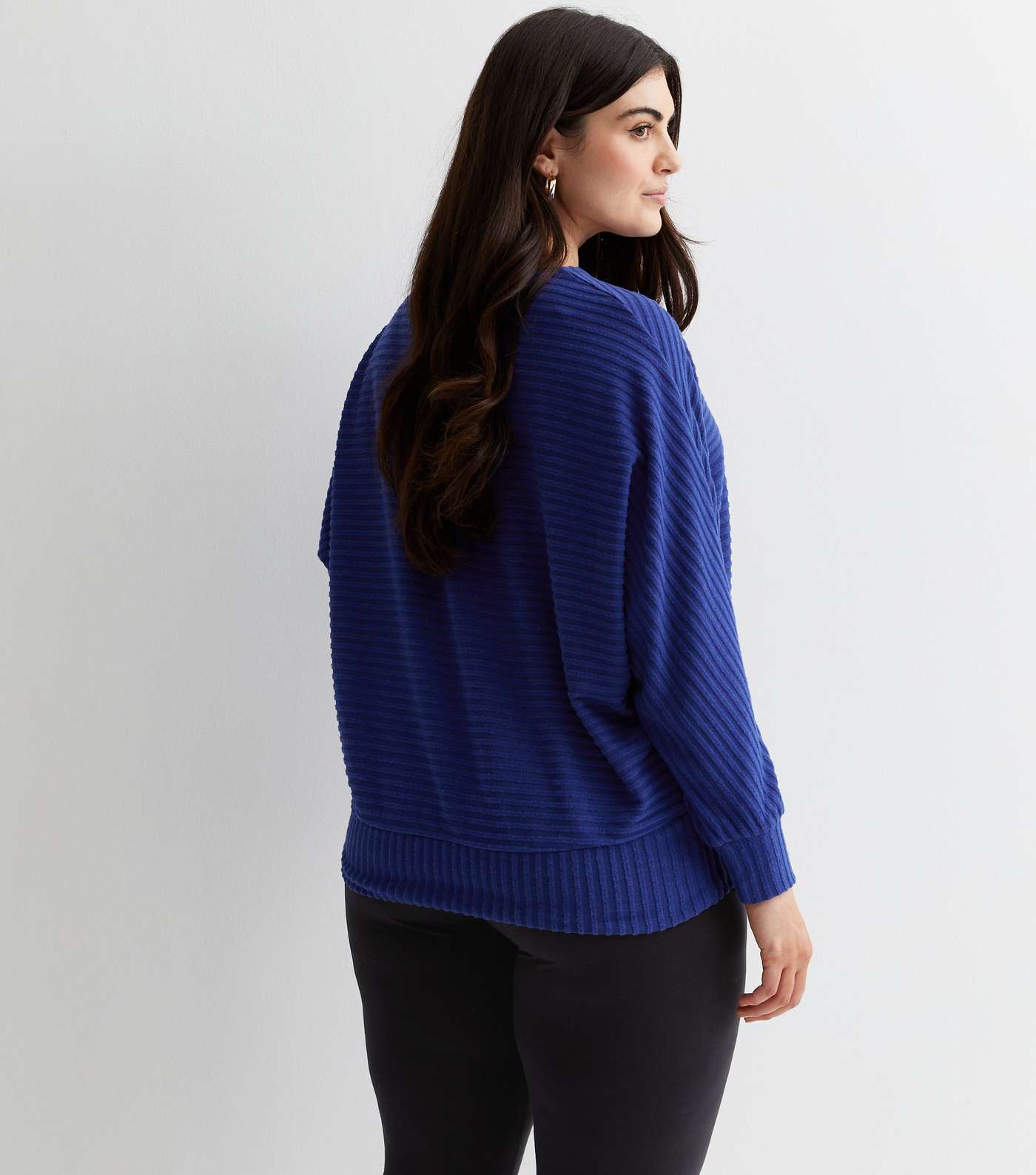 Curves Bright Blue Ribbed Knit Batwing Top Image 4