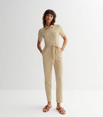 Cameo Rose Stone Belted Utility Jumpsuit New Look