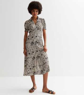 Off White Mixed Animal Print Collared Midi Dress