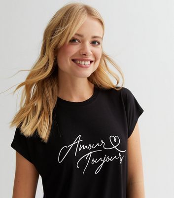 Black Amour Toujours Heart Logo Longline T-Shirt New Look