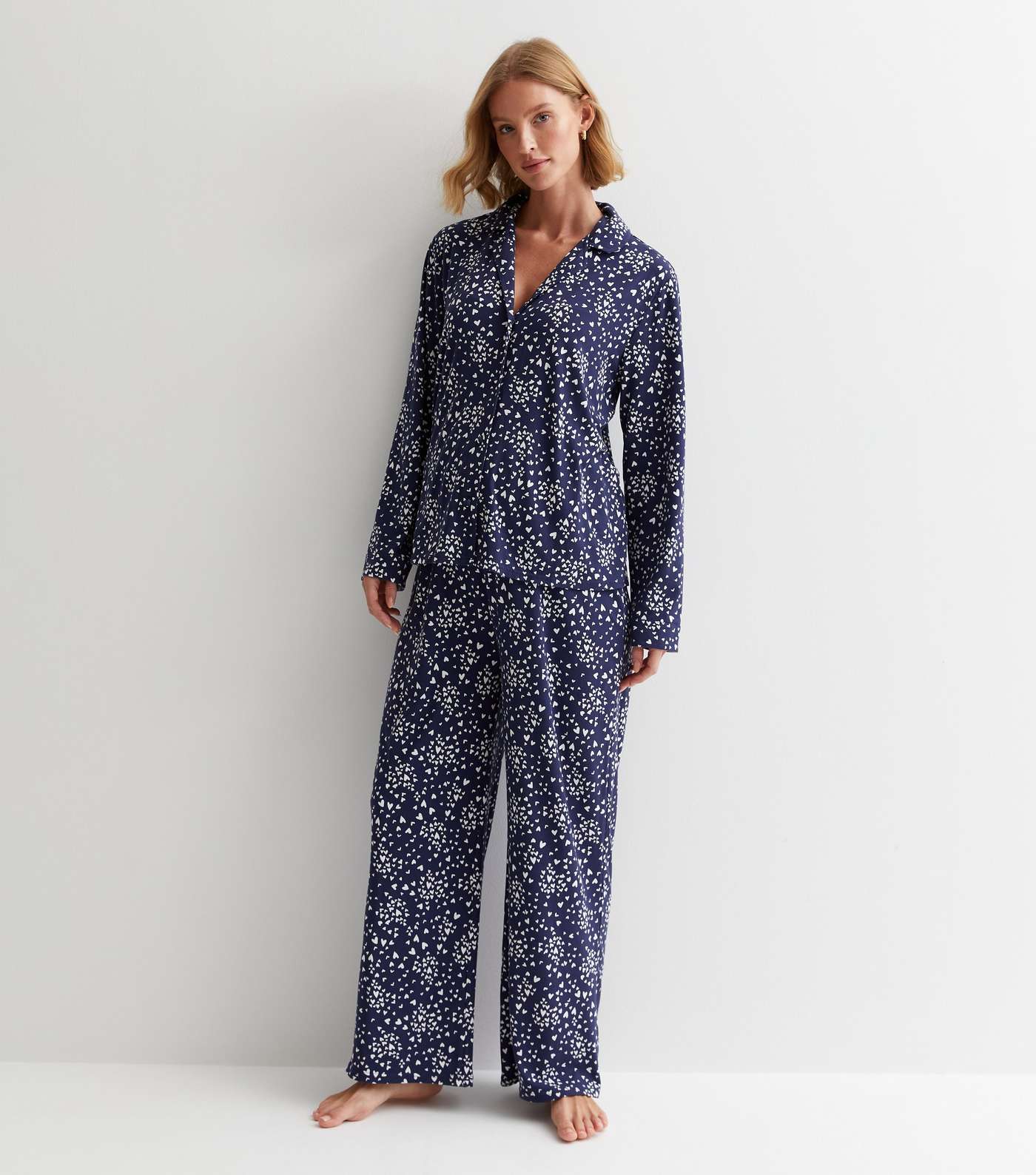 Maternity Navy Revere Trouser Pyjama Set with Heart Print