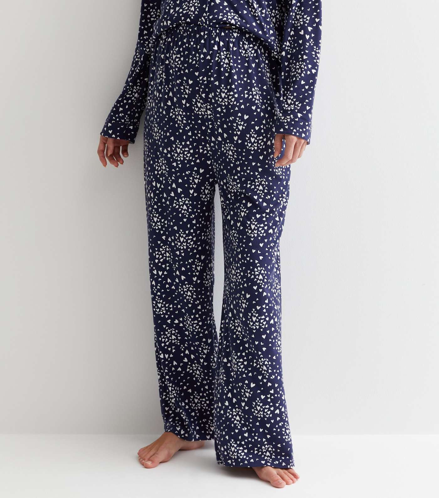 Maternity Navy Revere Trouser Pyjama Set with Heart Print Image 3