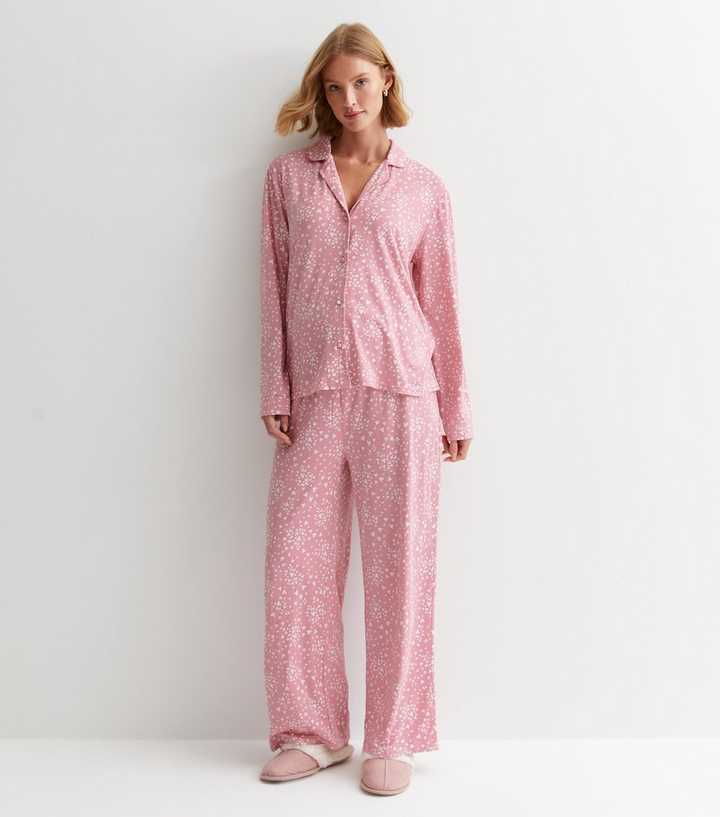 Maternity Pink Revere Trouser Pyjama Set with Heart Print