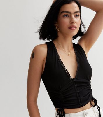 Black Lace Trim Ruched Side Top | New Look