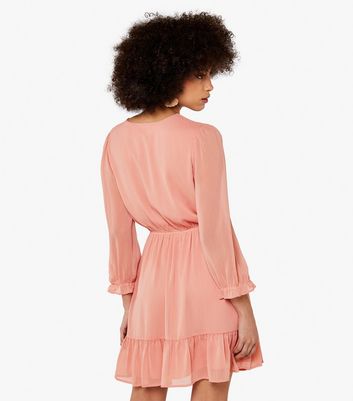 Apricot Pink Crinkle Chiffon Mini Wrap Dress New Look