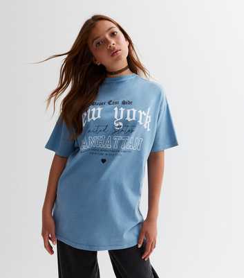 Girls Blue New York Long Logo T-Shirt